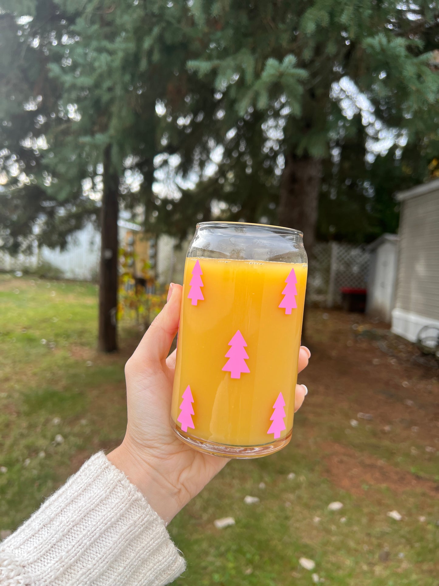 Pink Christmas Tree Glass Cup 16 oz