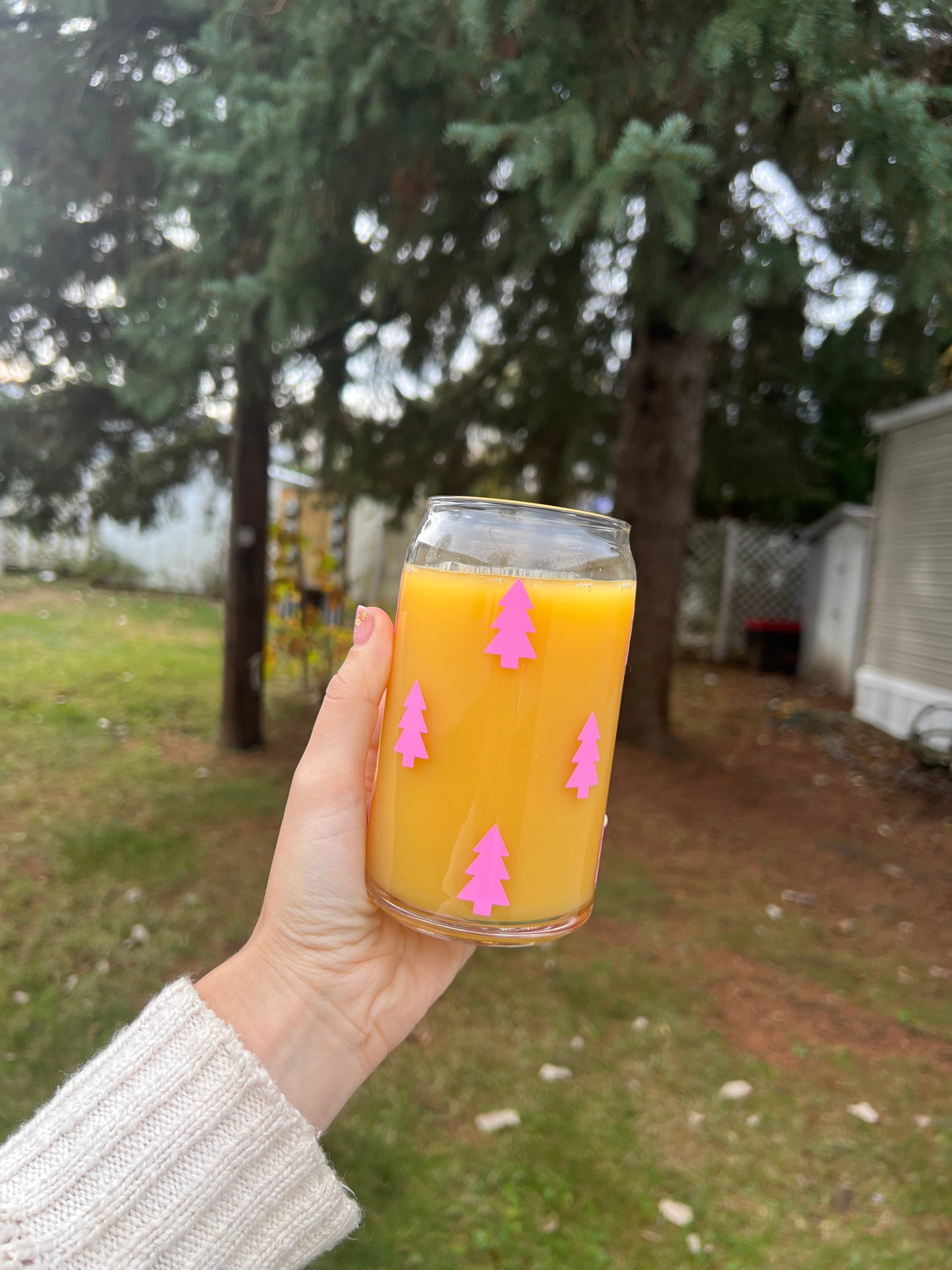 Pink Christmas Tree Glass Cup 16 oz