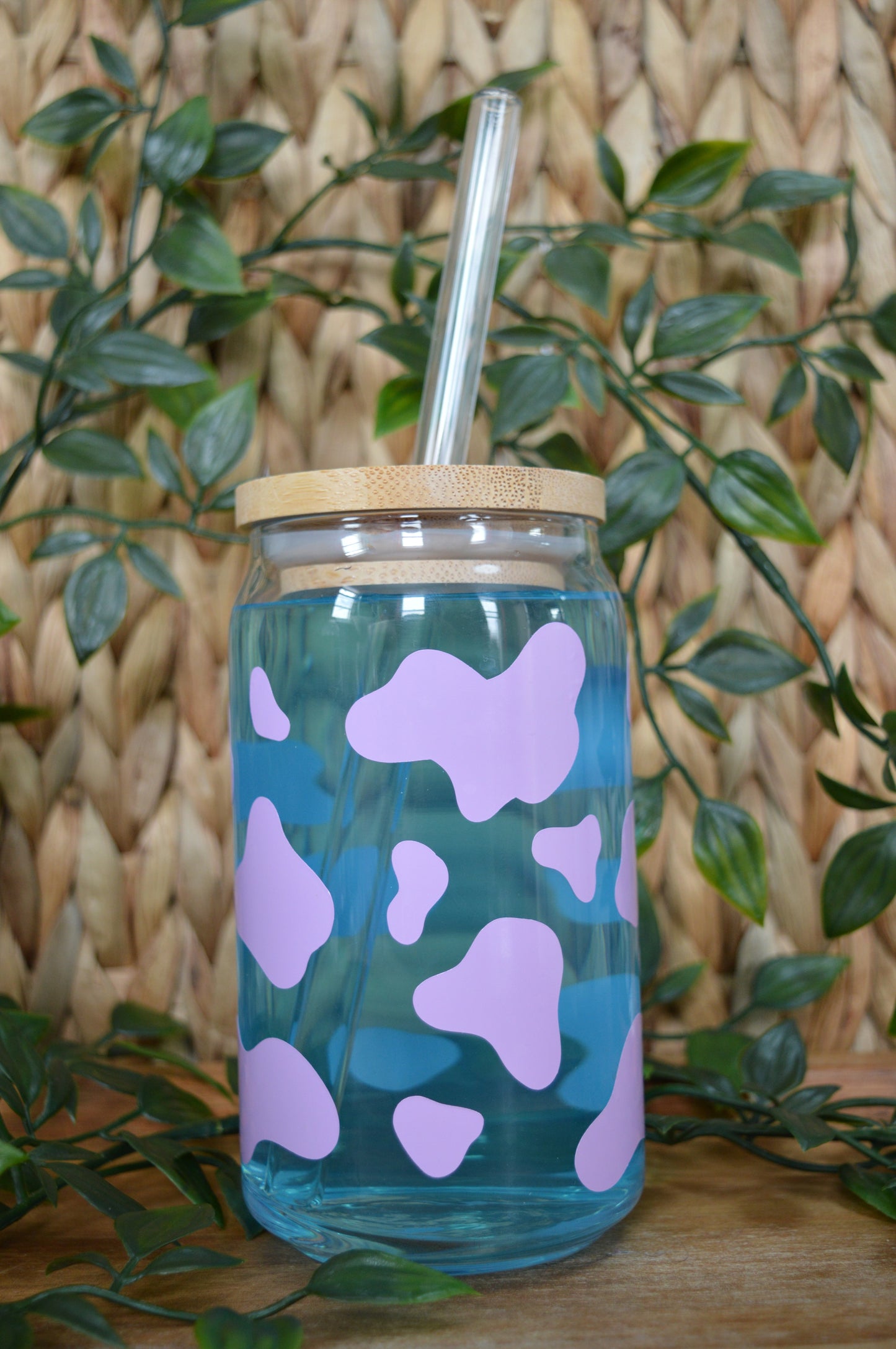 Lilac Cow Print Glass Cup