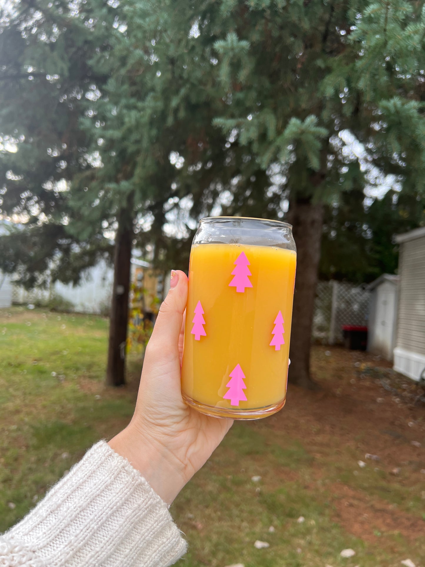 Pink Christmas Tree Glass Cup 16 oz