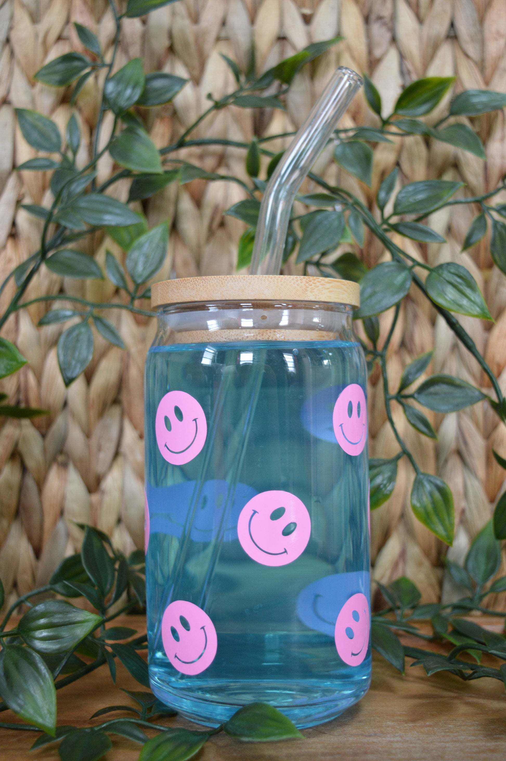 Pink Retro Flower Smiley Face Glass Can Cup with Bamboo Lid and Straw